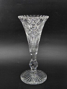 American Brilliant Cut Crystal Vase Trumpet W/ Intricate Starburst & Diamond Pat
